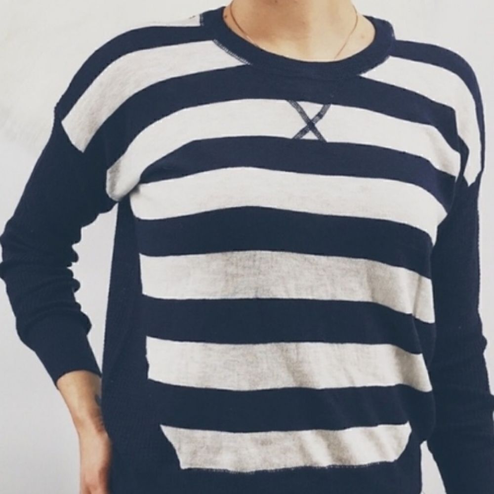 SO® Junior's Navy Stripe Crewneck Lightweight Waffle-knit Sweater